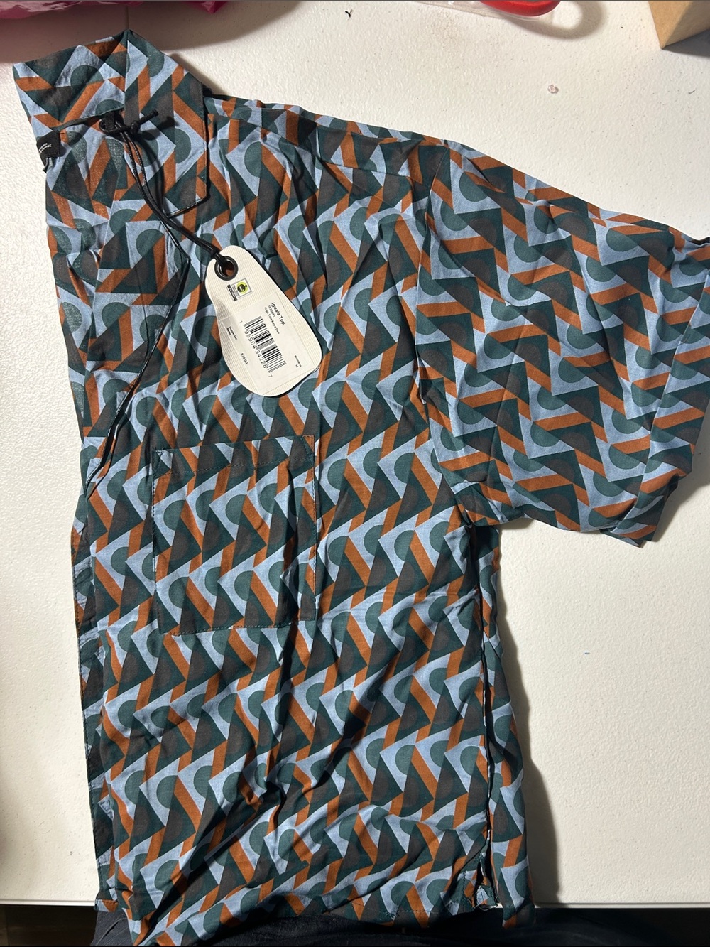 Prana Geometric Print Button-Up Blouse in Teal and Rust - Picture 2 of 5